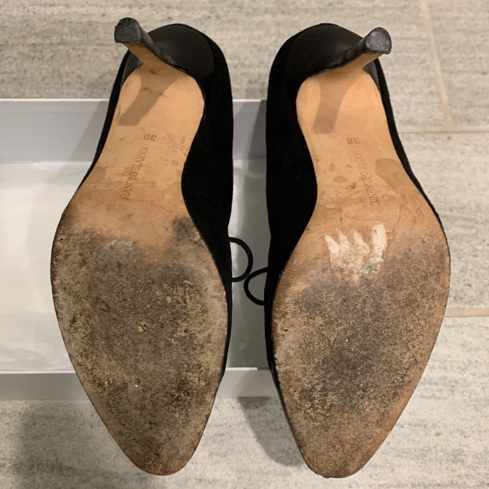 CONSIGNED. Manolo Blahnik Suede Heels with Mesh Overlay - Picture 7 of 16